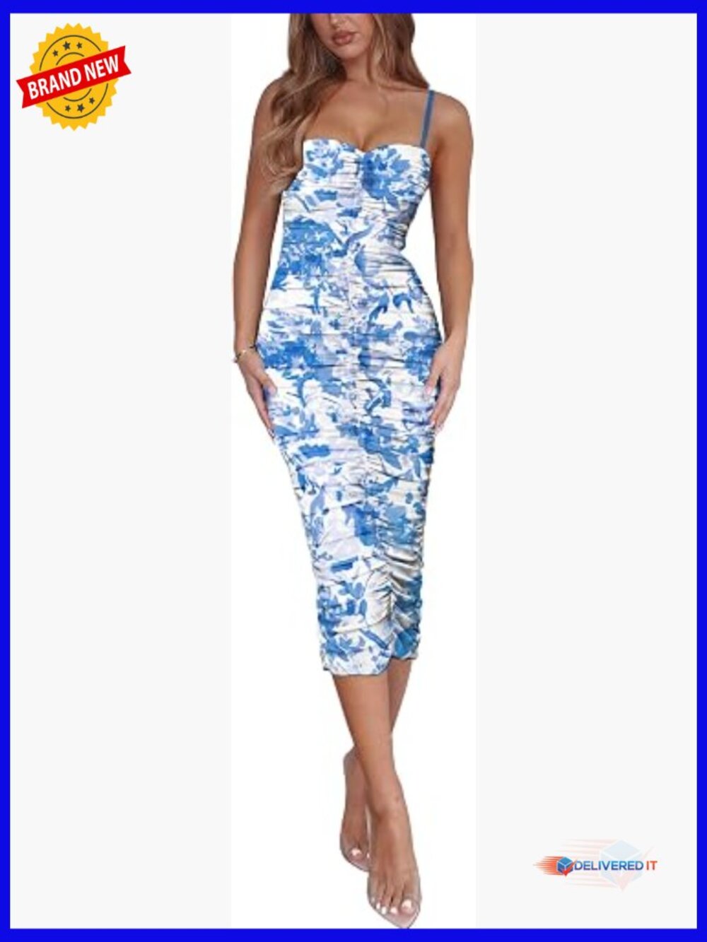 Ruched Bodycon Midi Dress Sleeveless Backless Mesh Stretch